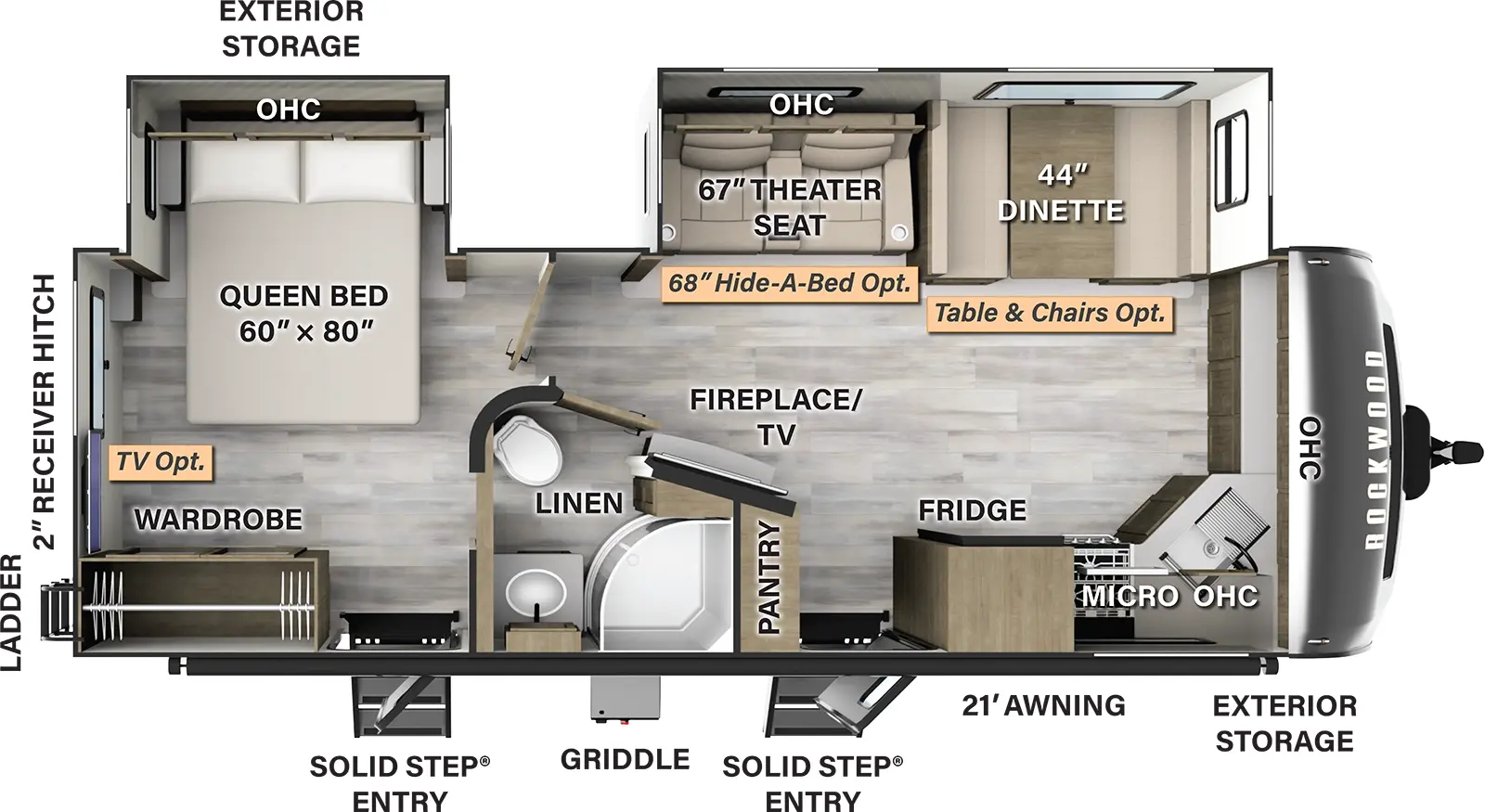 The 2608BS has two slideouts and two entry doors. Exterior features a 21 foot awning, solid step entries, exterior storage, griddle, rear ladder, and 2 inch receiver hitch. Interior layout front to back: kitchen counter and overhead cabinets along front wall wrapped to door side sink, microwave, cooktop, refrigerator, entry and pantry; off-door side slideout with a dinette (table and chairs optional) and theater seating (hide-a-bed optional) with overhead cabinets; angled TV and fireplace along inner wall; pass through full bathroom with linen cabinet on door side; rear bedroom with off-door side queen bed slideout with overhead cabinets, and door side second entry and wardrobe (TV optional).